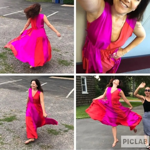 AMUR Women's Orange Pink Colorblock 100% Silk Lotta Ruched Maxi Dress Size 6 - Picture 1 of 11